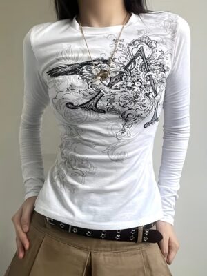 “White Y2K Graphic Fitted Top”
